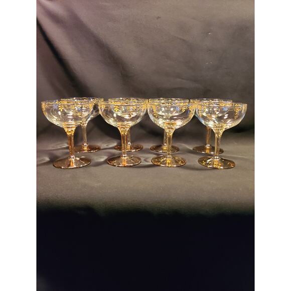 8 Vintage Amber Carnival Stem Champagne Coup Glasses w Gold Floral n Vine - Picture 1 of 16